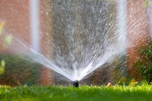 Close-up of a smart irrigation watering a lawn.