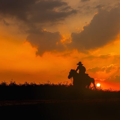 A cowboy riding a horse away from the sunset.